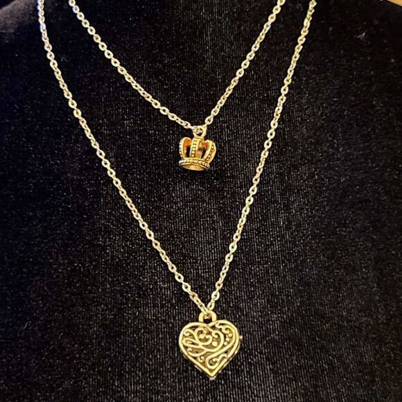 DOUBLE NECKLACE Two-Strand Crown and Heart Silver 23 Inches - Picture 1 of 5